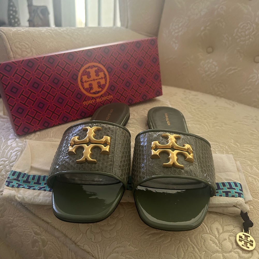Tory Burch Olive Slides with Gold Emblem
